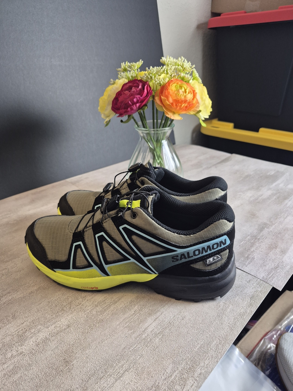 Salomon Trail Running Shoes - Olive Green, Black & Neon Yellow. Size 6